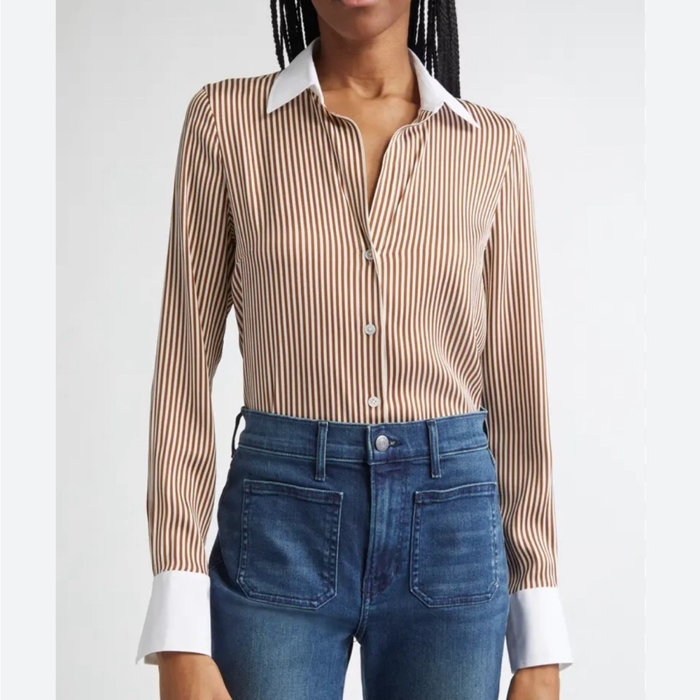 Veronica Beard Amelia Stripe Silk Blend Button-Up Shirt in Whiskey Off White